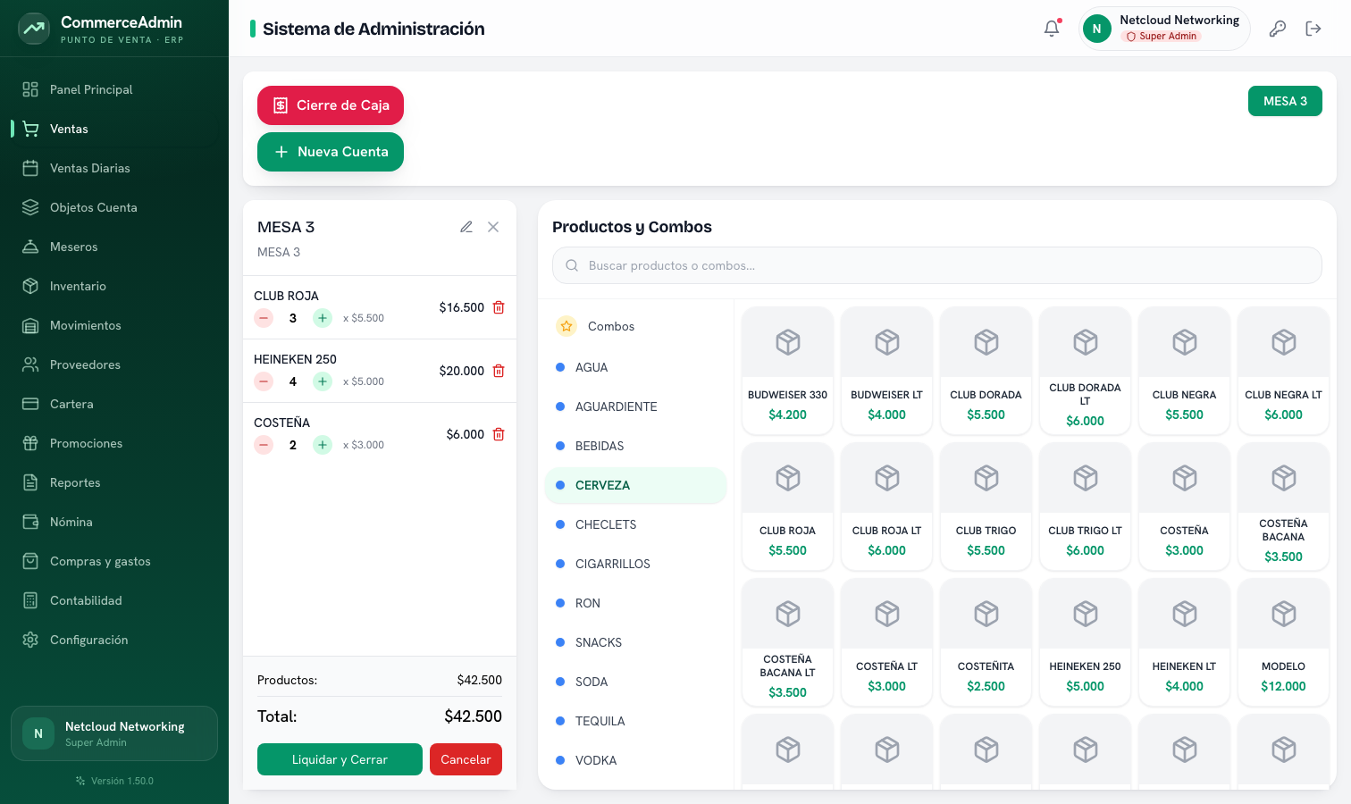 CommerceAdmin — Punto de venta por mesa