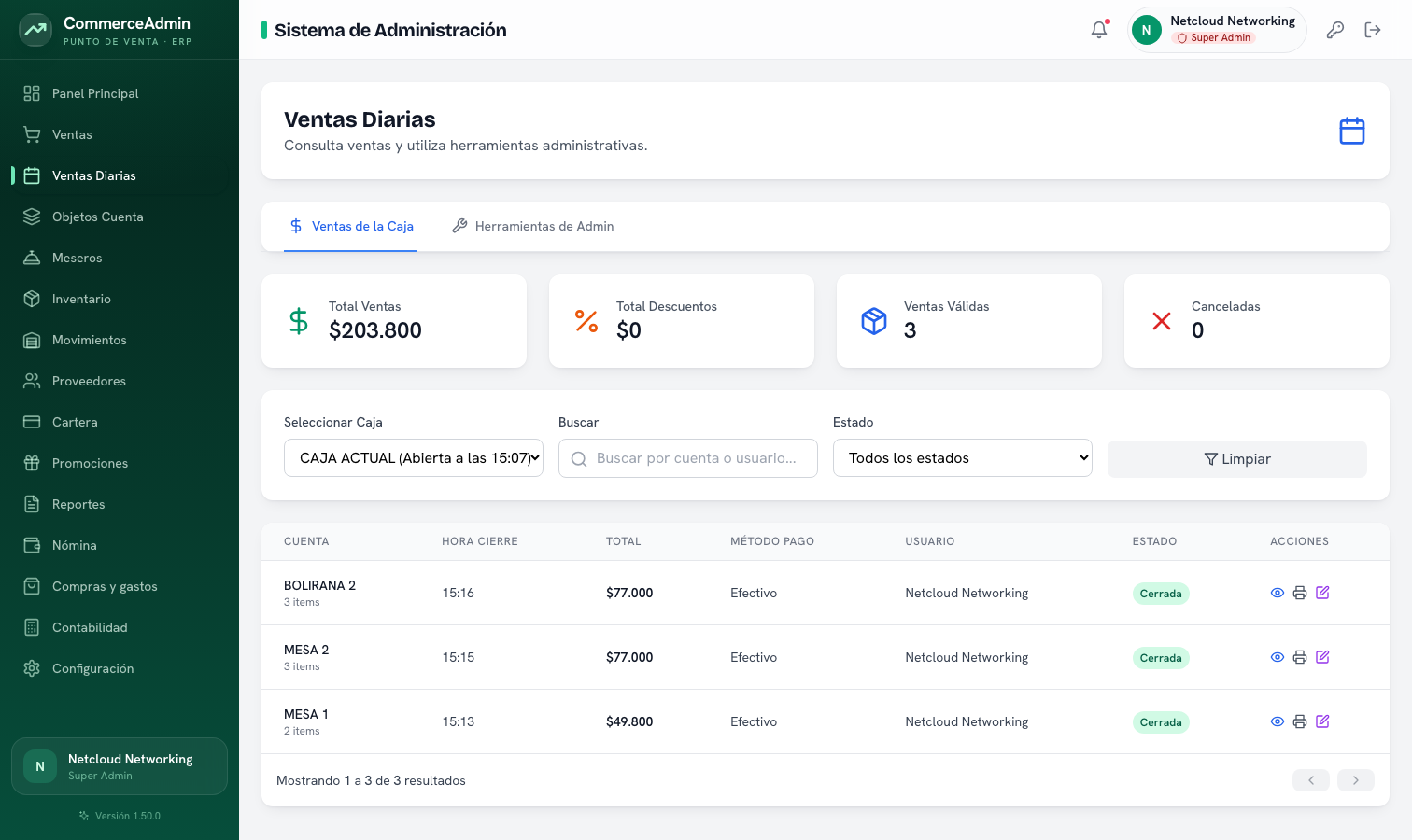 CommerceAdmin — Ventas del día y cierre de caja